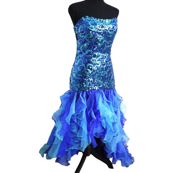 Vienna Blue Strapless Dress Sequin Chiffon Tiered Ruffled Bottom Hi Low Gown 6 - Picture 8 of 14